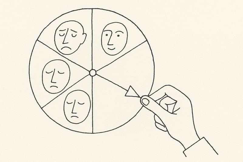 Una mano disegnata a inchiostro fa girare una ruota minimalista, evocando scelta equa e serena di esercizi emotivi per il lavoro, con volti stilizzati attorno.